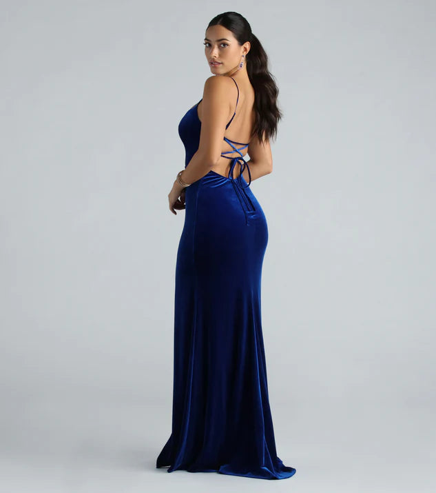 VESTIDO VELVET AZUL ESPALDA AJUSTABLE