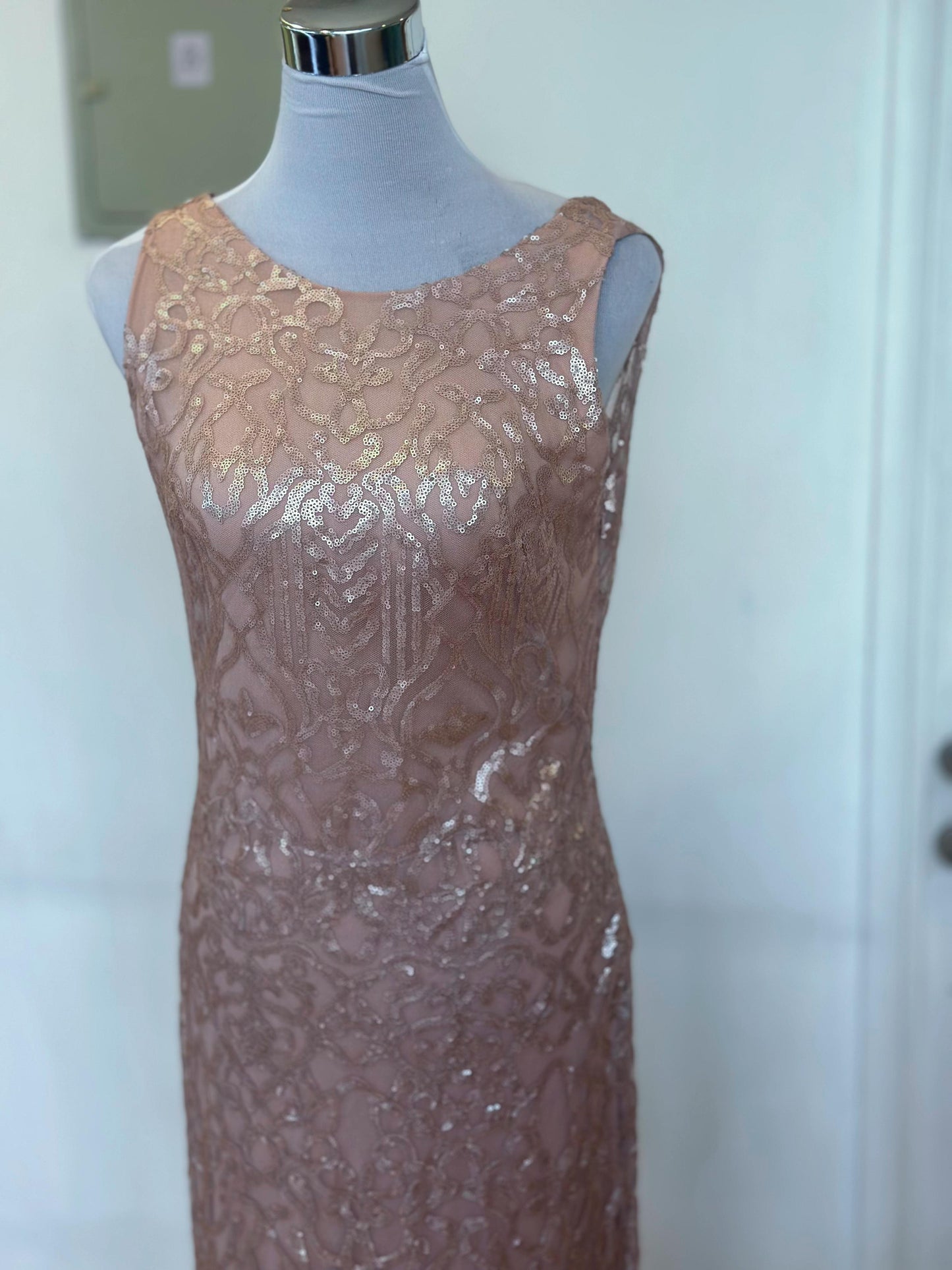 Vestido Largo Beige con Lentejuelas y Detalle en Espalda
