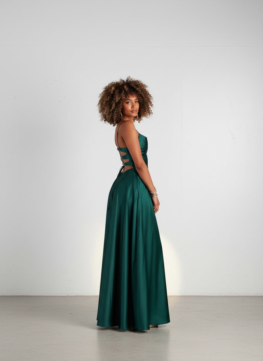 Vestido Satin con Bolsillos - Verde Botella
