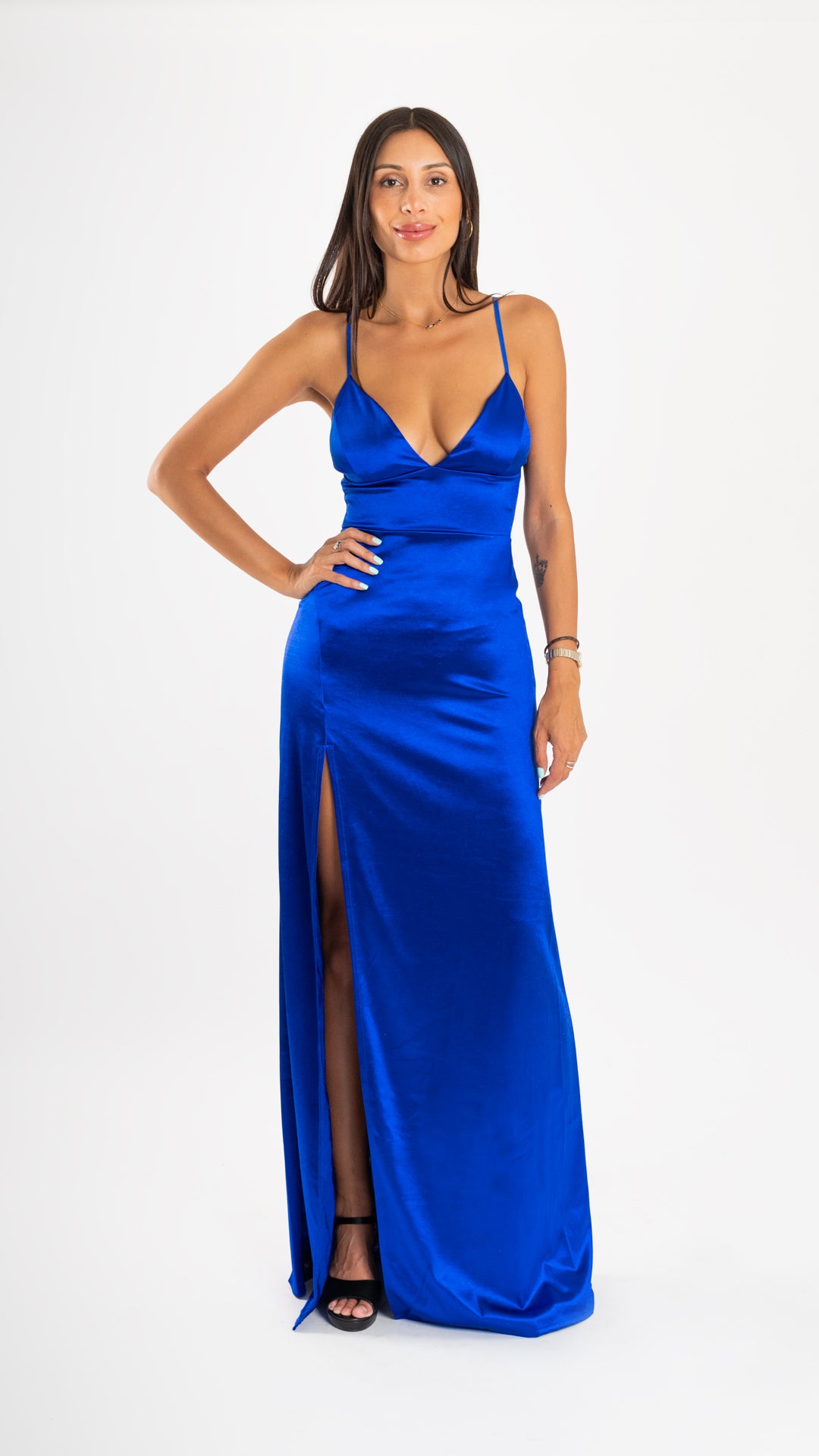 VESTIDO LYCRA SATINADA ESCOTE EN V AZUL REY