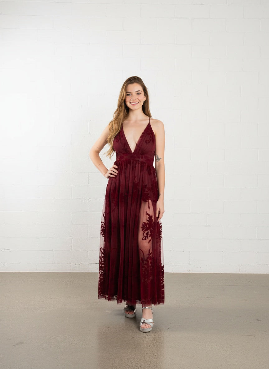 Vestido Tul Flores - Burdeo