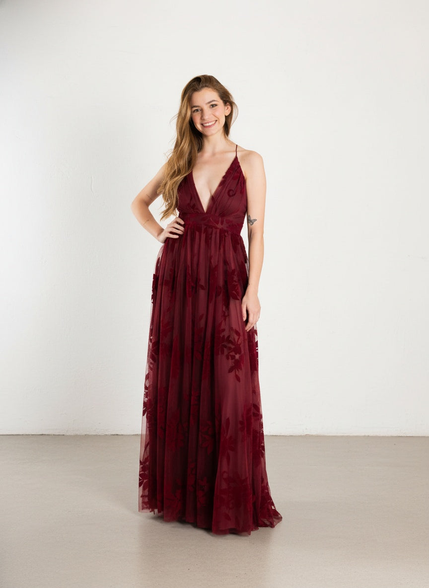 Vestido Tul Flores - Burdeo