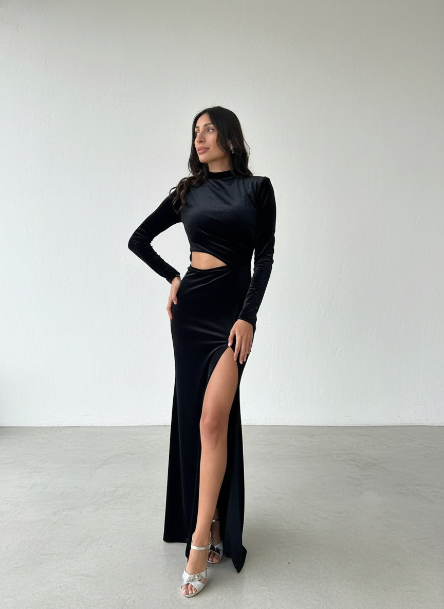 Vestido Terciopelo Manga Larga - Negro