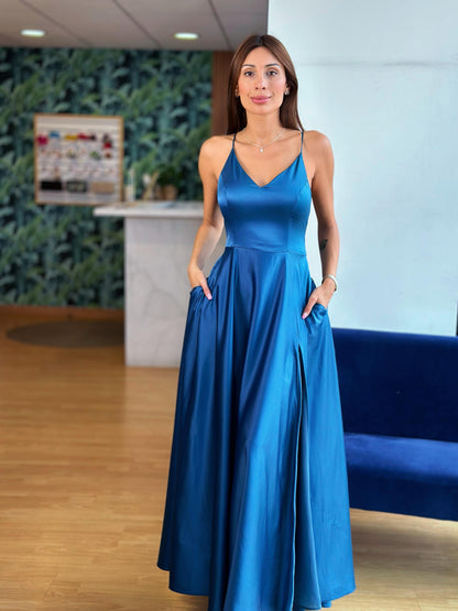 VESTIDO SATIN AZUL PETROLEO