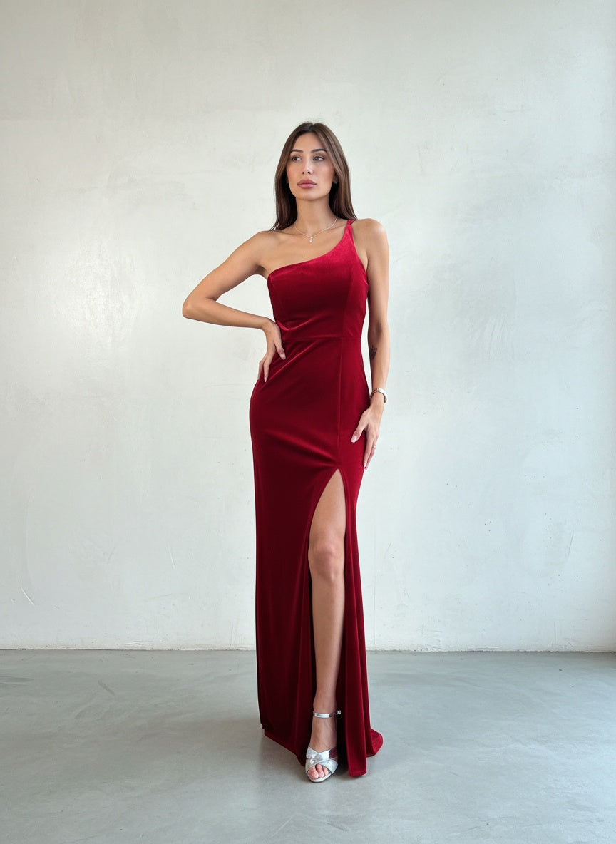 Vestido Asimetrico - Rojo Terciopelo