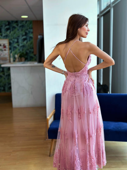 VESTIDO TUL FLORES - PALO ROSA