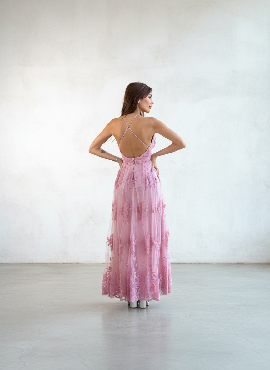 Vestido Tul Flores Velvet - Palo Rosa