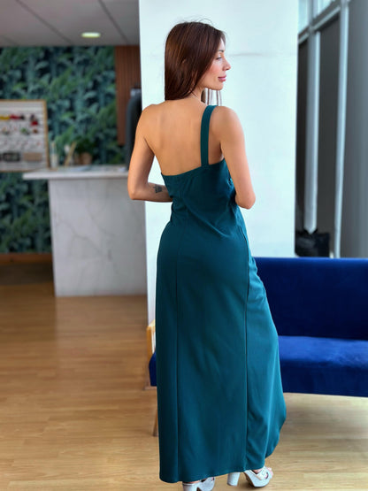 VESTIDO ASIMETRICO CREPE - VERDE BOTELLA