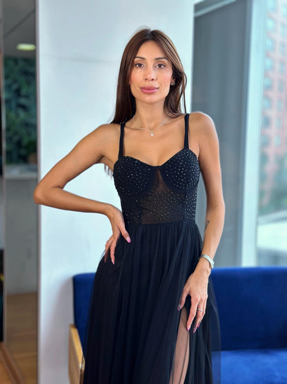 VESTIDO CORSET CON TUL - NEGRO