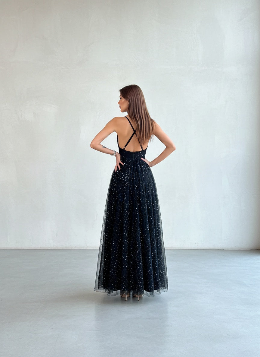 Vestido Tul con Piedreria - Negro