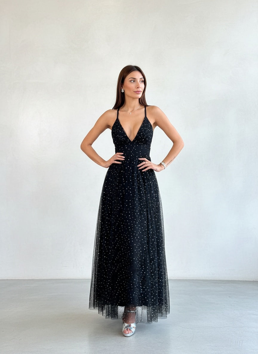 Vestido Tul con Piedreria - Negro