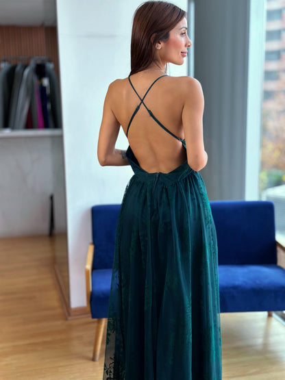 VESTIDO TUL FLORES - VERDE BOTELLA