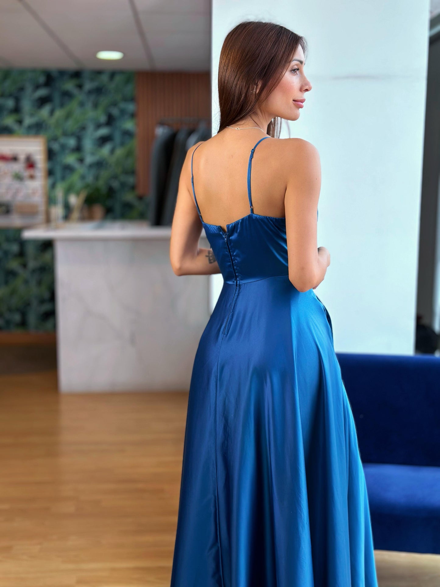 VESTIDO SATIN AZUL PETROLEO