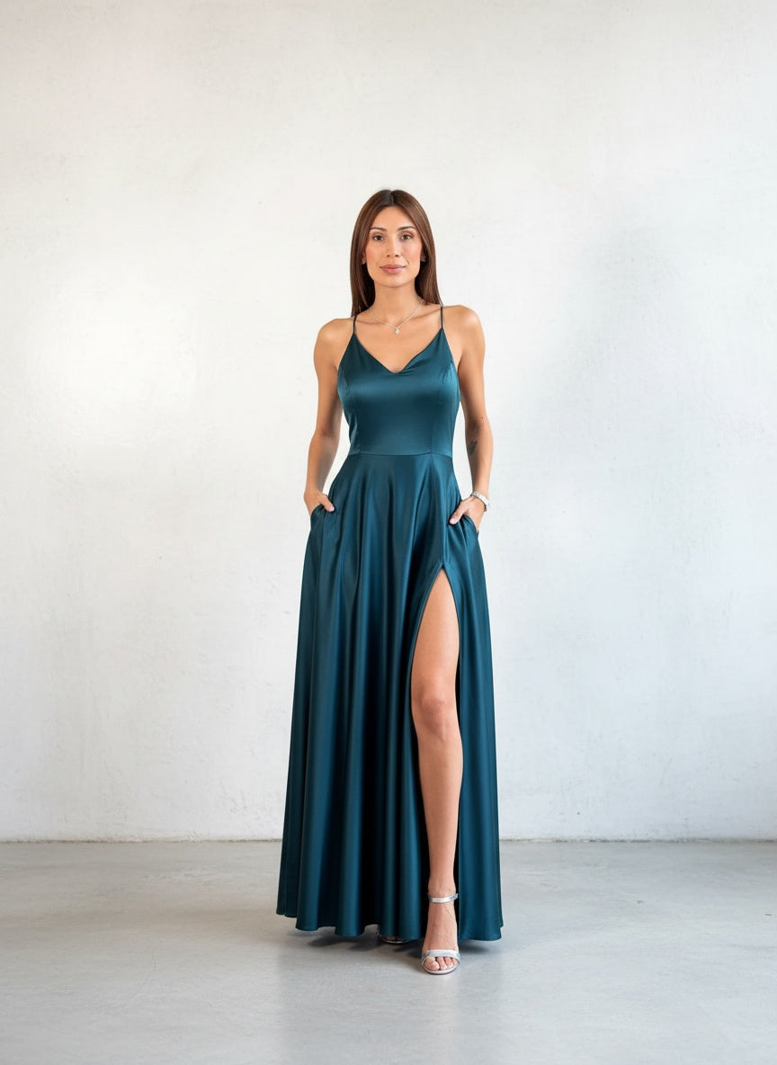 Vestido Satin con bolsillos - Verde Botella