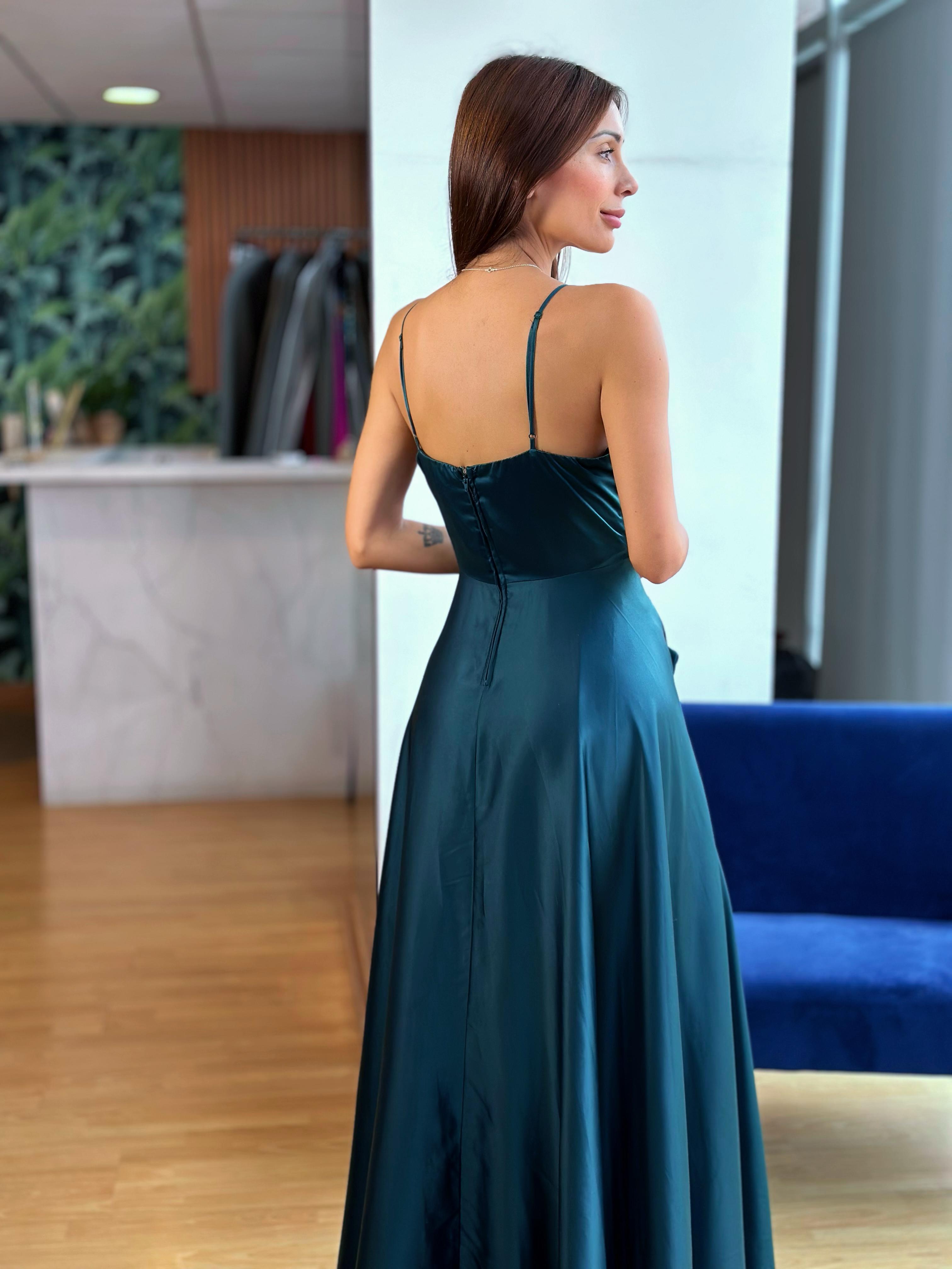 Vestido Satin con bolsillos - Verde Botella