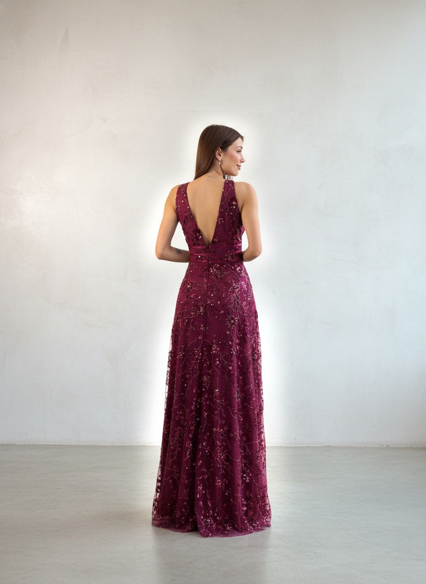 Vestido Mostacillas - Burdeo
