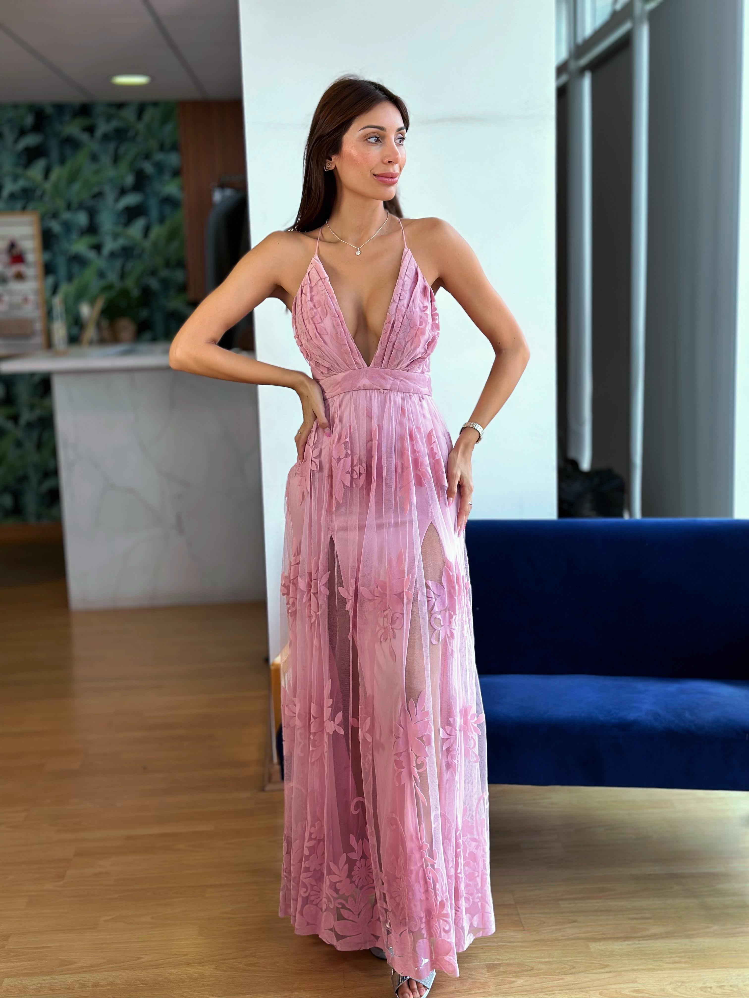 Vestido Tul Flores Velvet - Palo Rosa