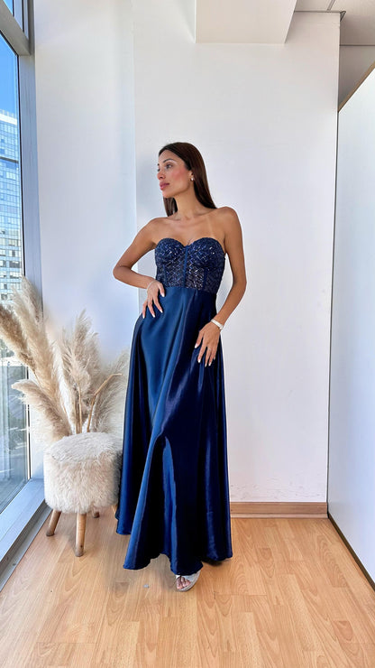 Vestido Corset Azul Marino con Falda Satinada