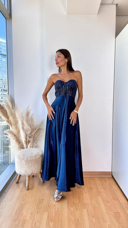 Vestido Corset Azul Marino con Falda Satinada
