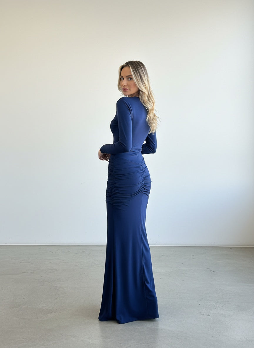 Vestido Manga Larga Escote V - Azul Marino