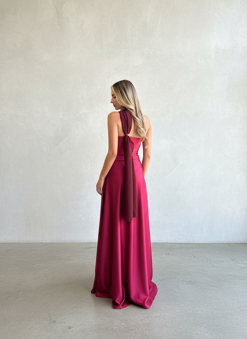 Vestido Strapless con Pañuelo Gasa - Borgoña
