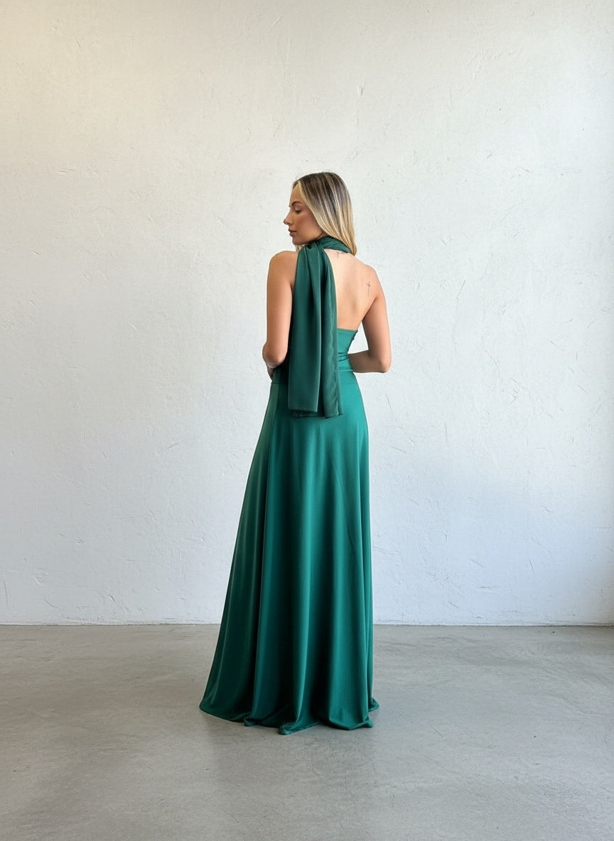 Vestido Strapless con pañuelo gasa - Verde Botella