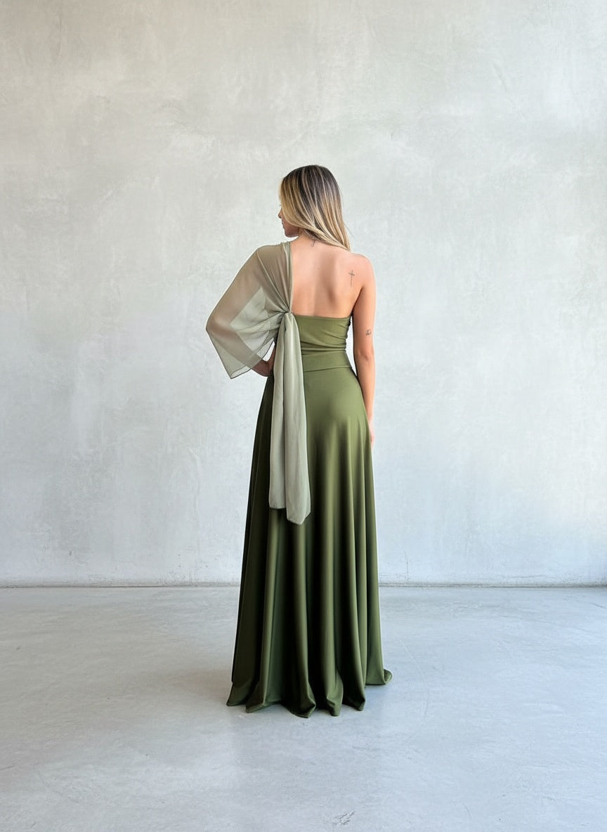Vestido Strapless con pañuelo gasa - Verde Olivo