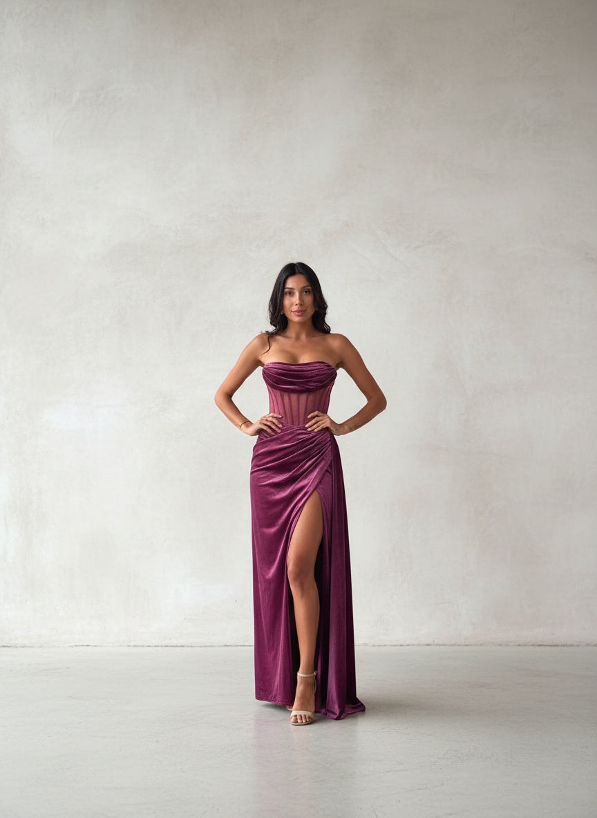 Vestido Terciopelo strapless - berenjena
