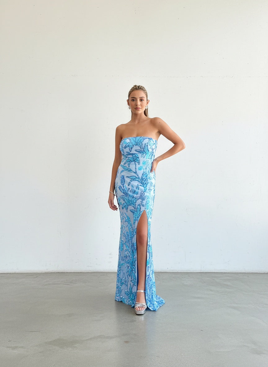 Vestido Strapless Lentejuelas - Celeste