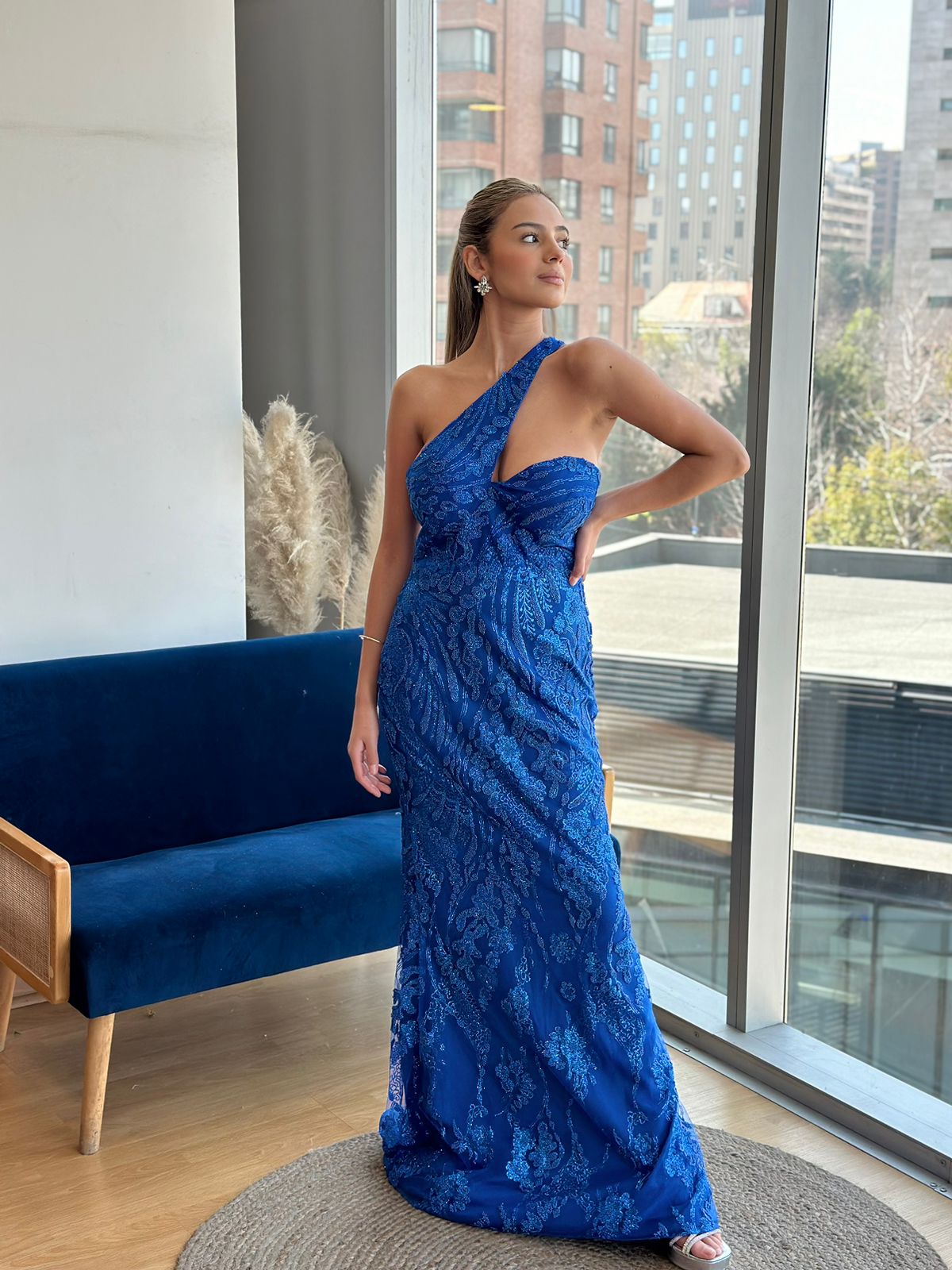 Vestido Mostacillas Asimetrico - Azul Rey