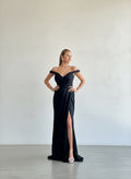 Vestido Brillos Escote Bote - Negro