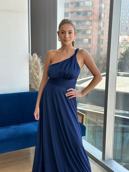 VESTIDO AZUL MARINO ASIMETRICO BRILLOS