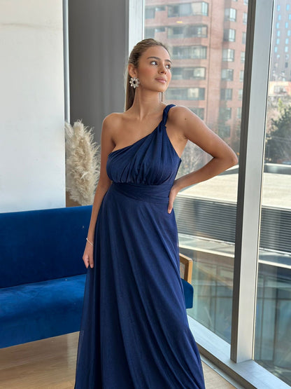 VESTIDO AZUL MARINO ASIMETRICO BRILLOS