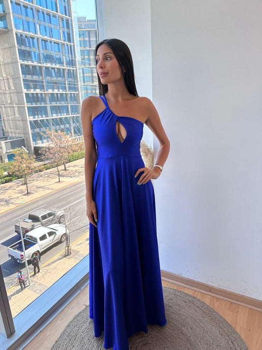 VESTIDO ASIMETRICO APERTURA ESCOTE AZUL REY