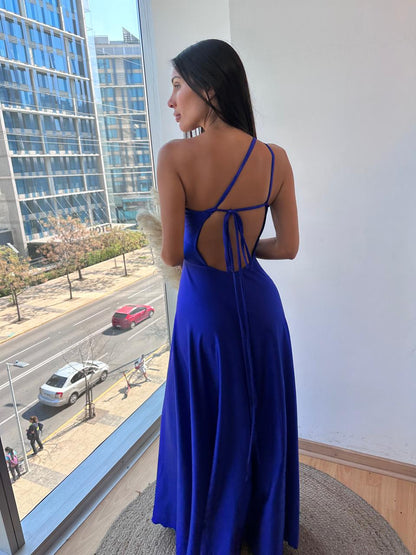 VESTIDO ASIMETRICO APERTURA ESCOTE AZUL REY
