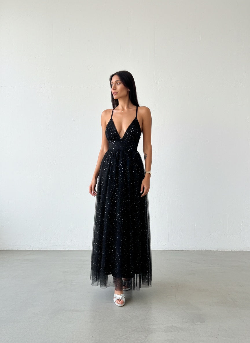Vestido Tul con Piedreria - Negro
