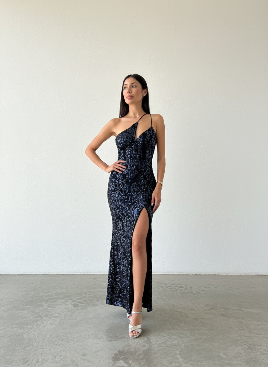 Vestido Lentejuelas Asimetrico - Azul con Negro