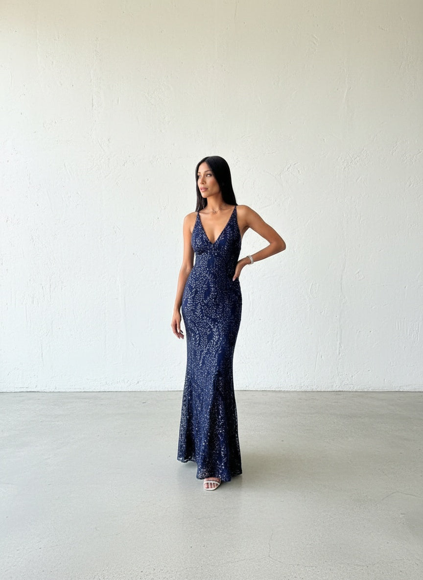 Vestido Brillos Corte Sirena - Azul Marino