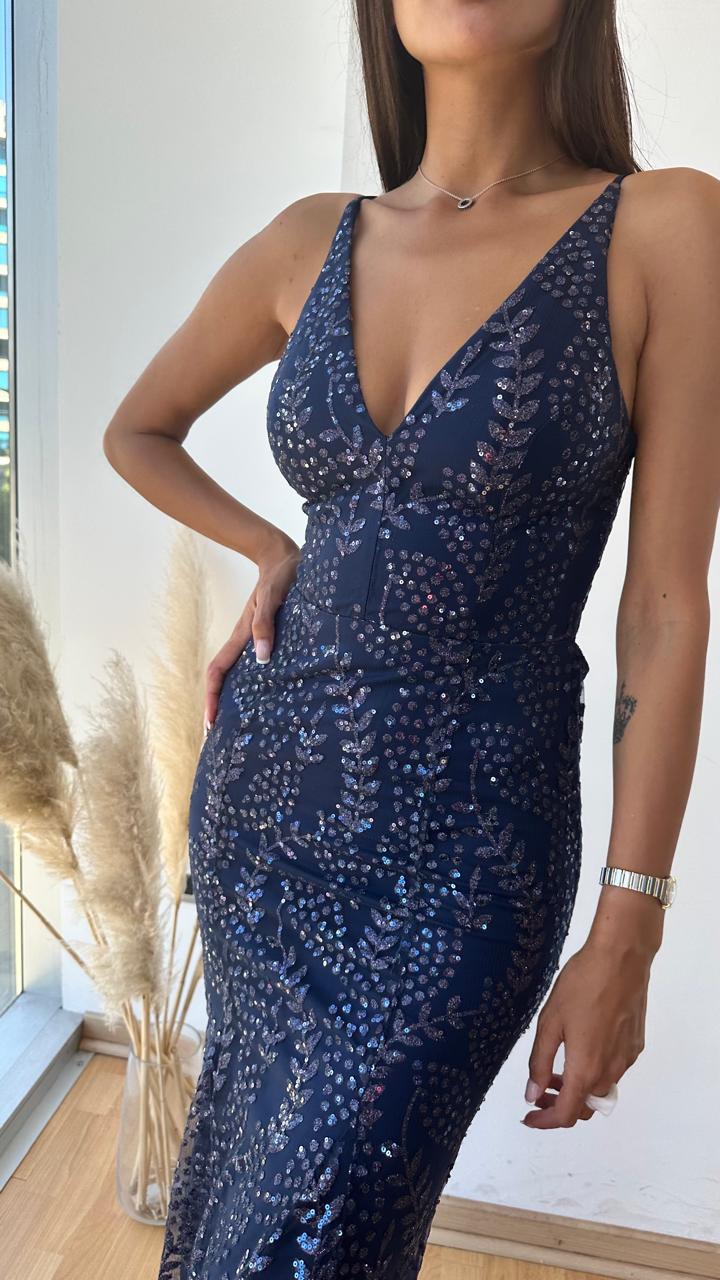 Vestido Brillos Corte Sirena - Azul Marino