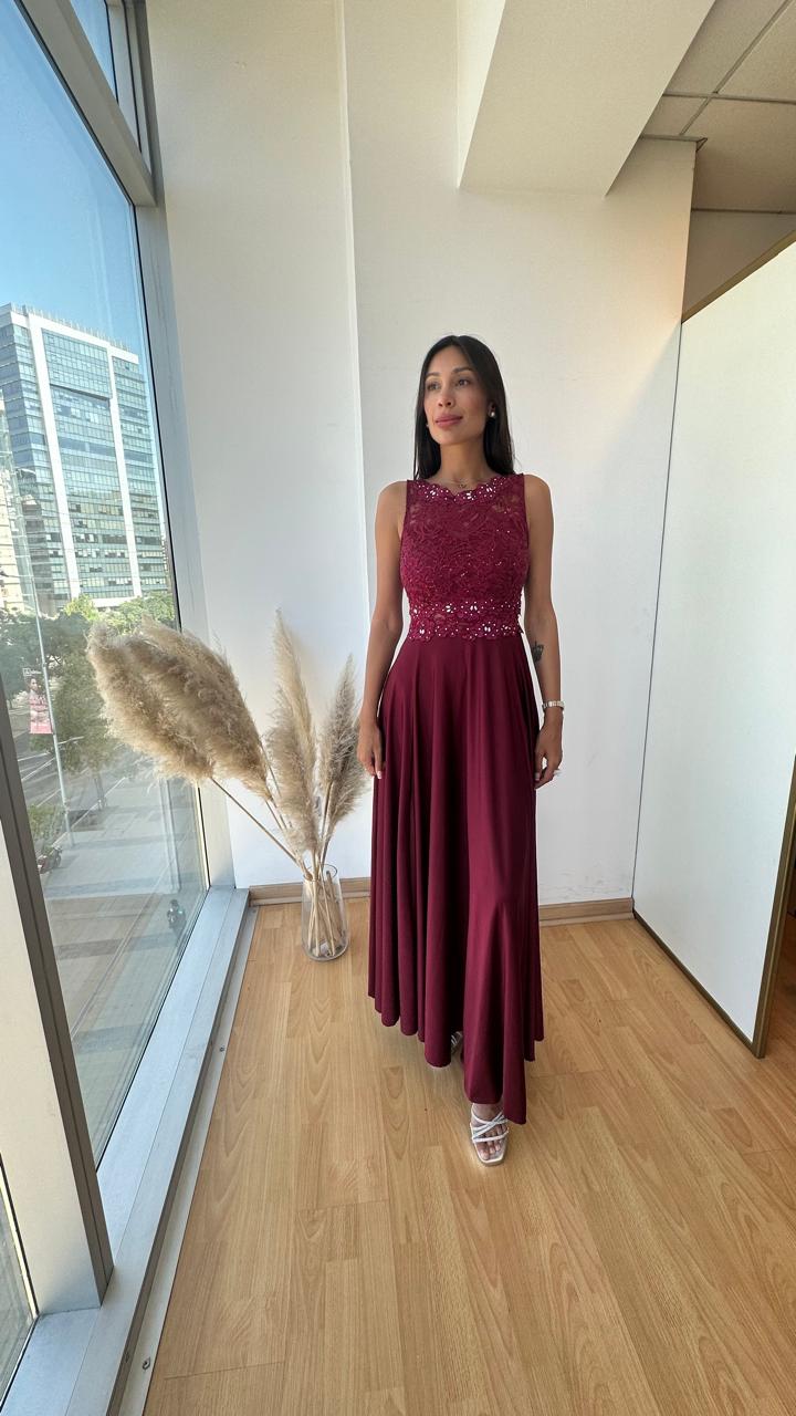 Vestido Encaje Falda Lycra - Burdeo