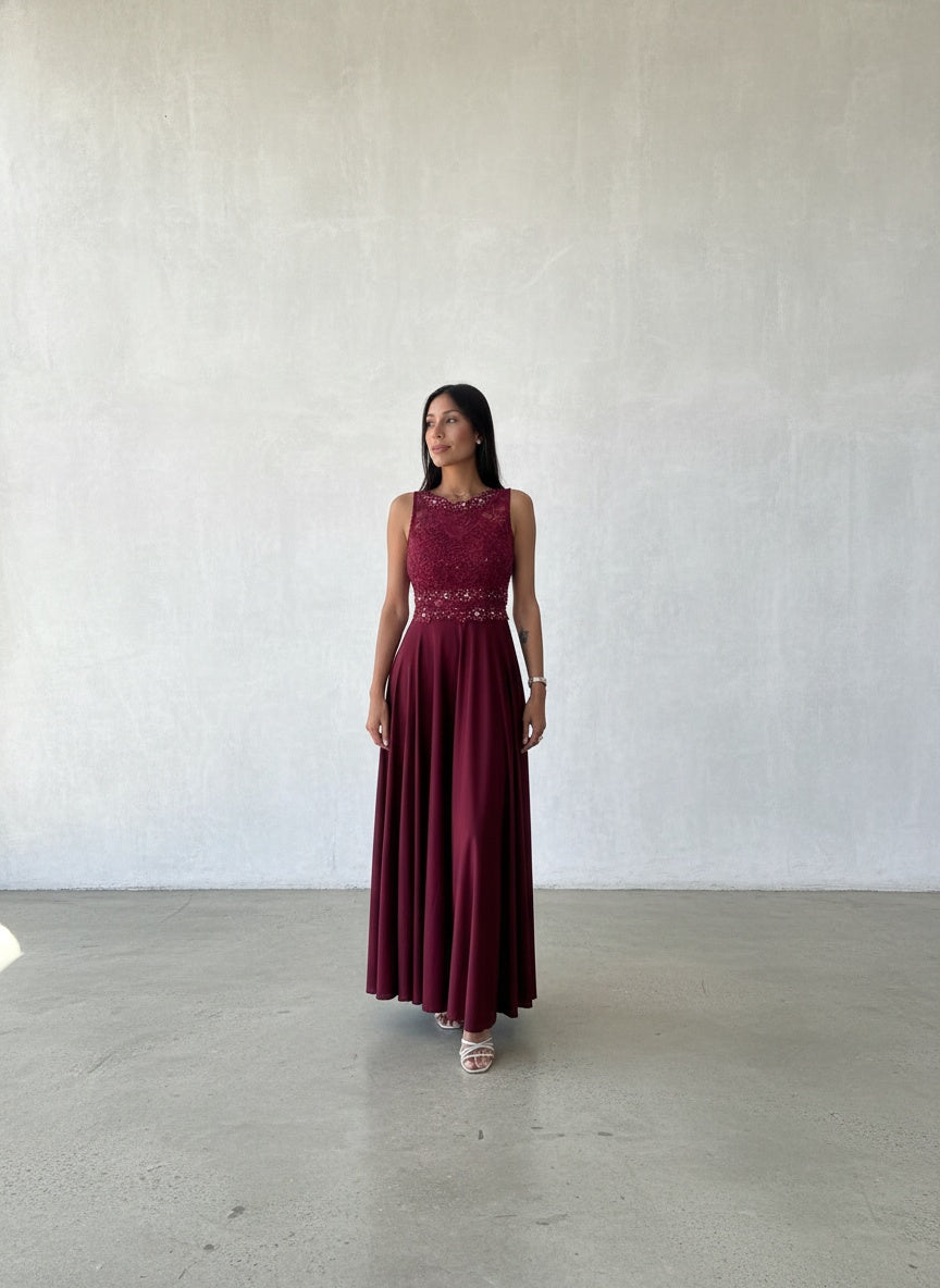 Vestido Encaje Falda Lycra - Burdeo