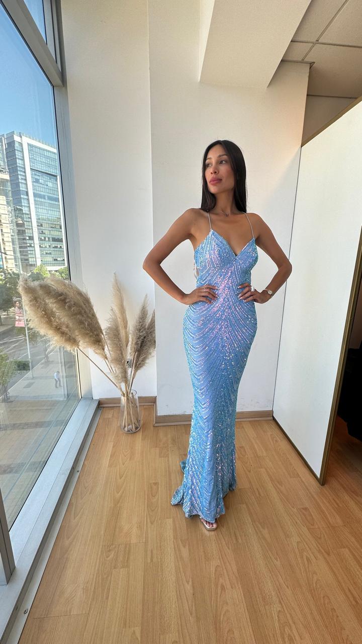 Vestido Lentejuelas Corte Sirena - Celeste