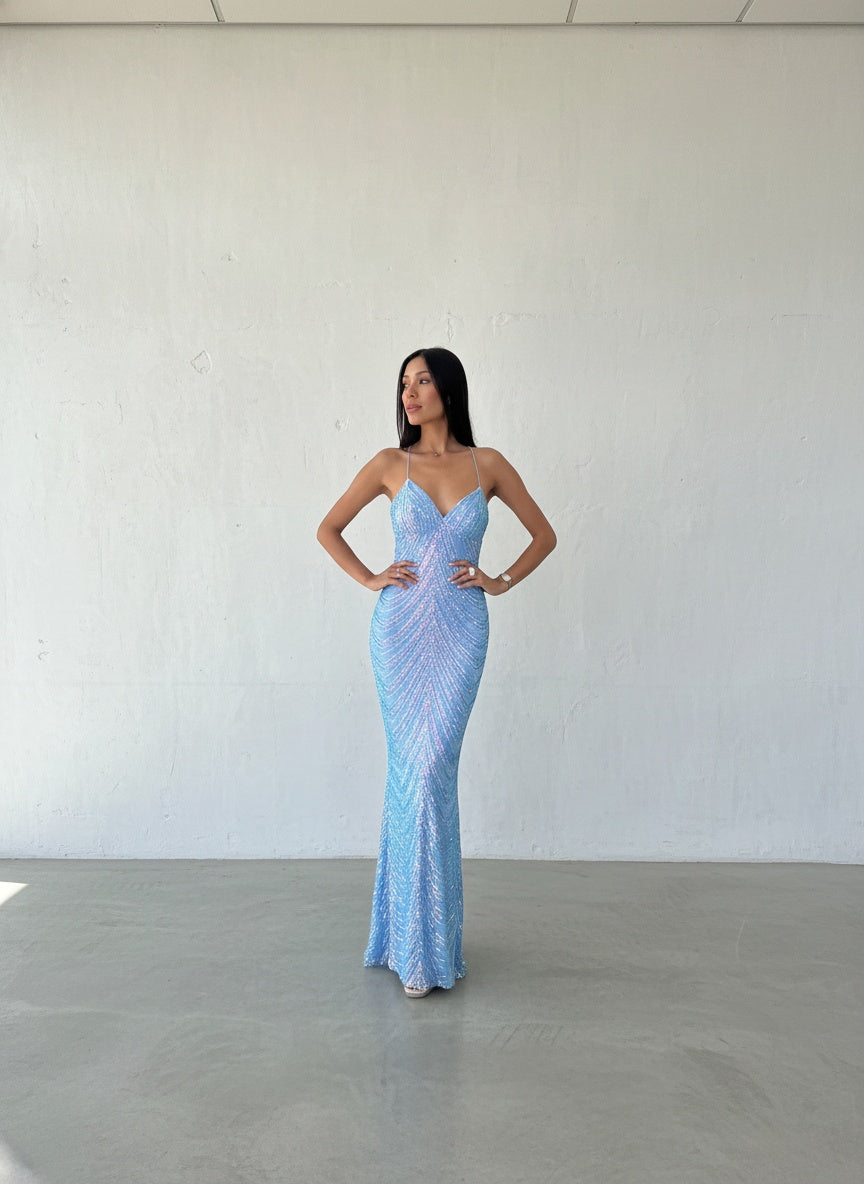 Vestido Lentejuelas Corte Sirena - Celeste