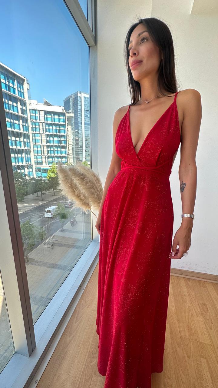 Vestido Brillos Escote V - Rojo