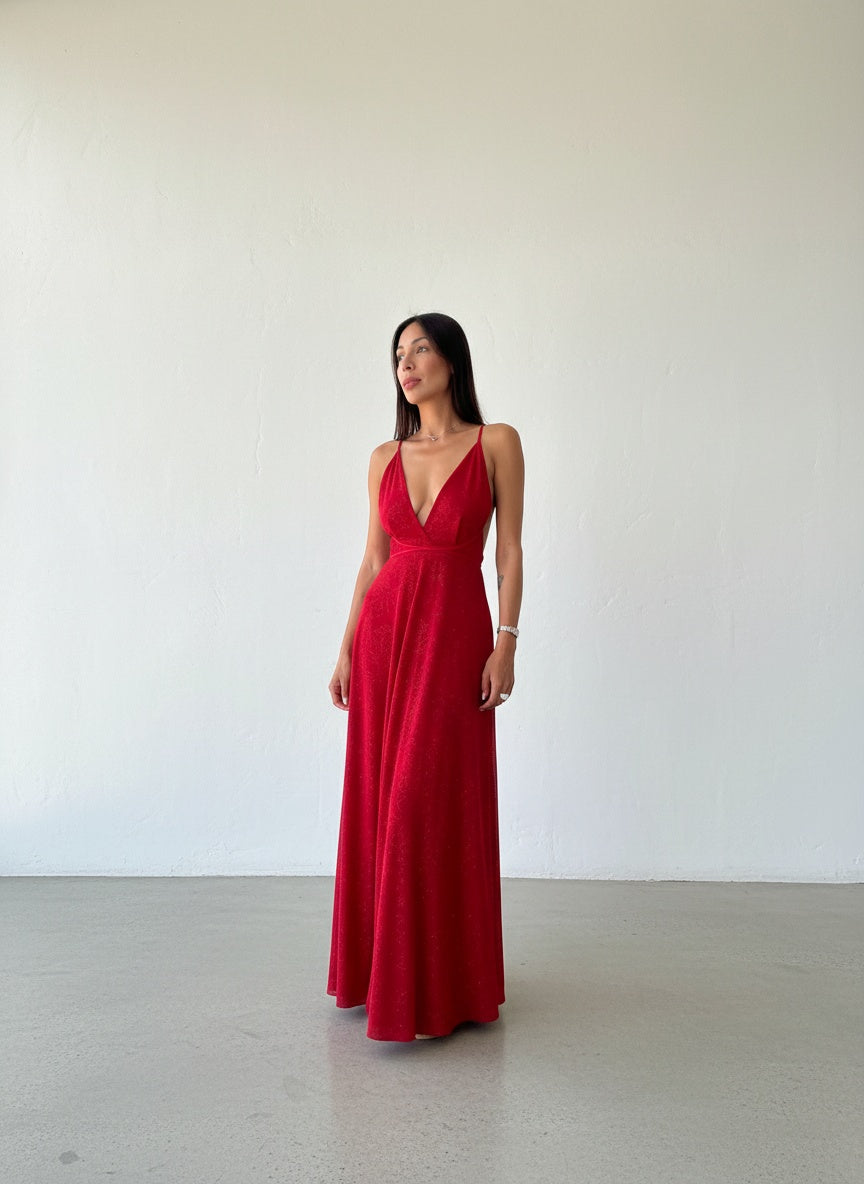 Vestido Brillos Escote V - Rojo