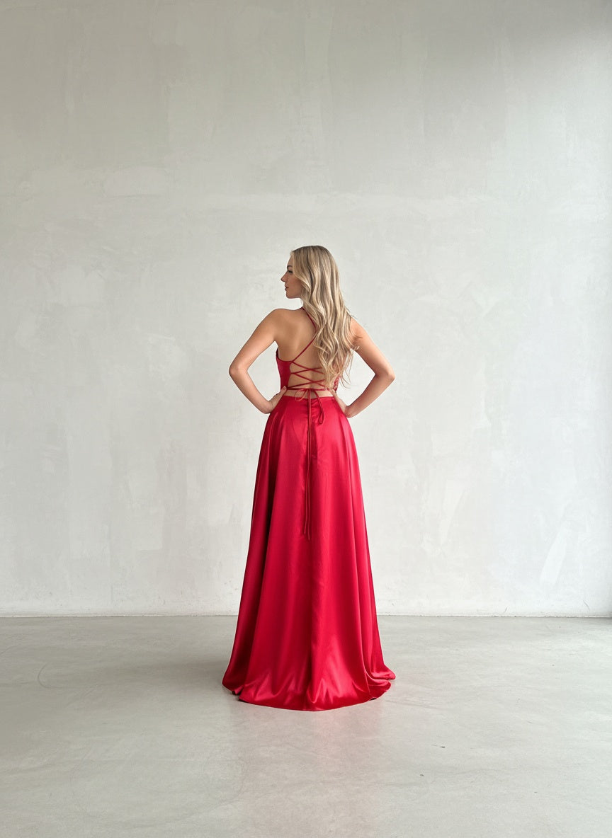 Vestido Satin con Bolsillos - Rojo