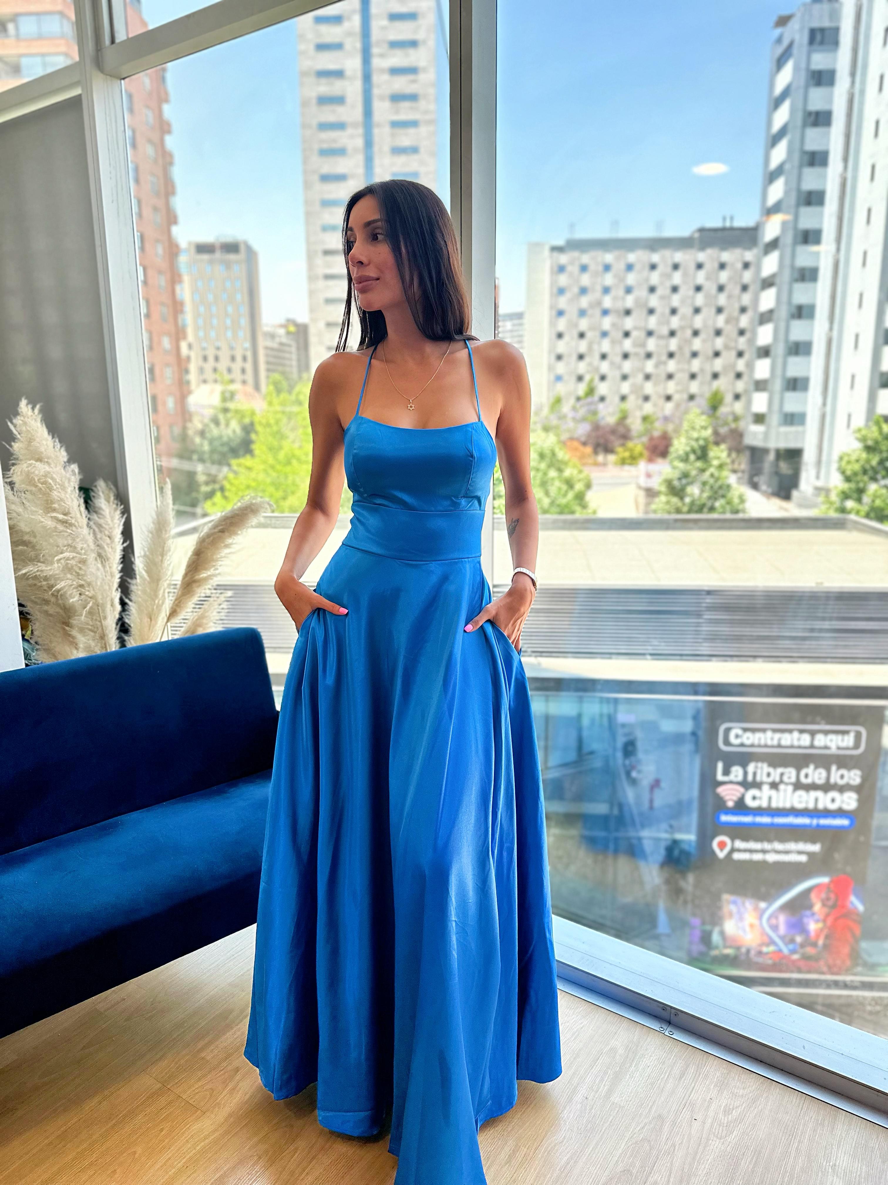 Vestido Satin Azul-Celeste