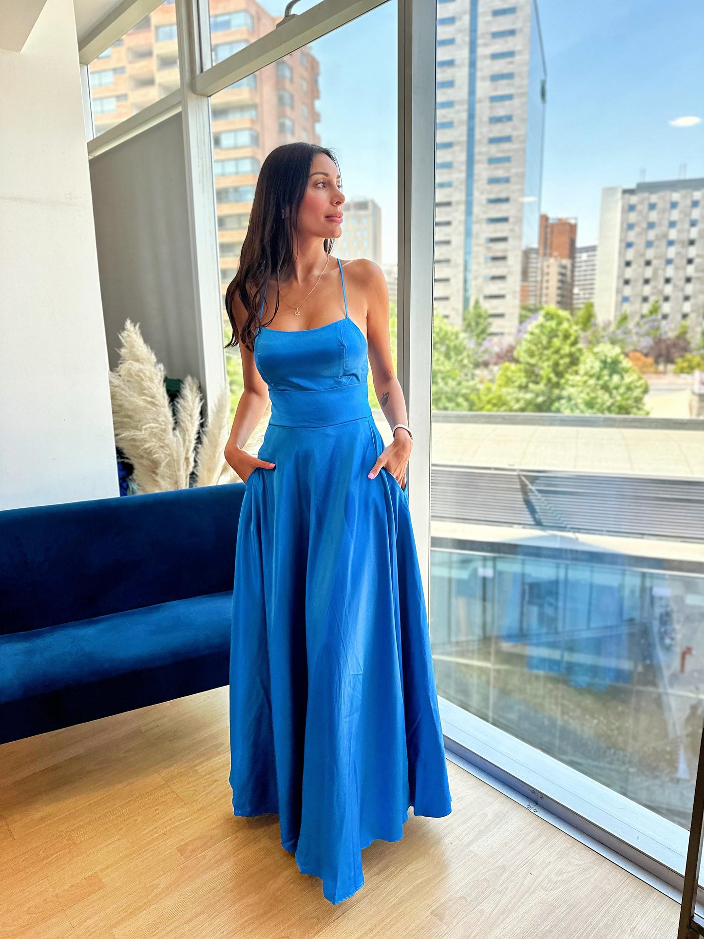 Vestido Satin Azul-Celeste