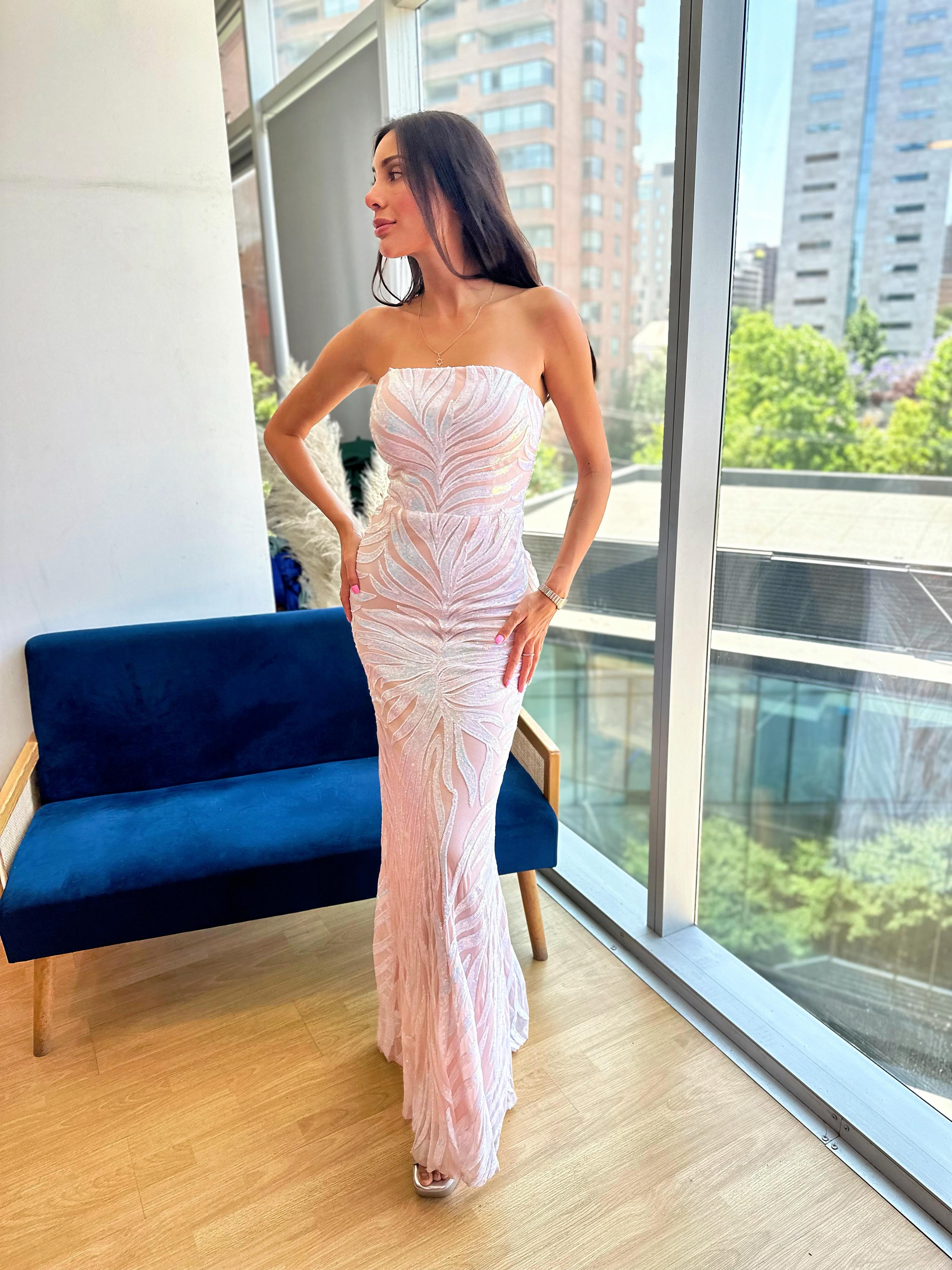 Vestido Strapless Lentejuelas - Blanco con Rosa