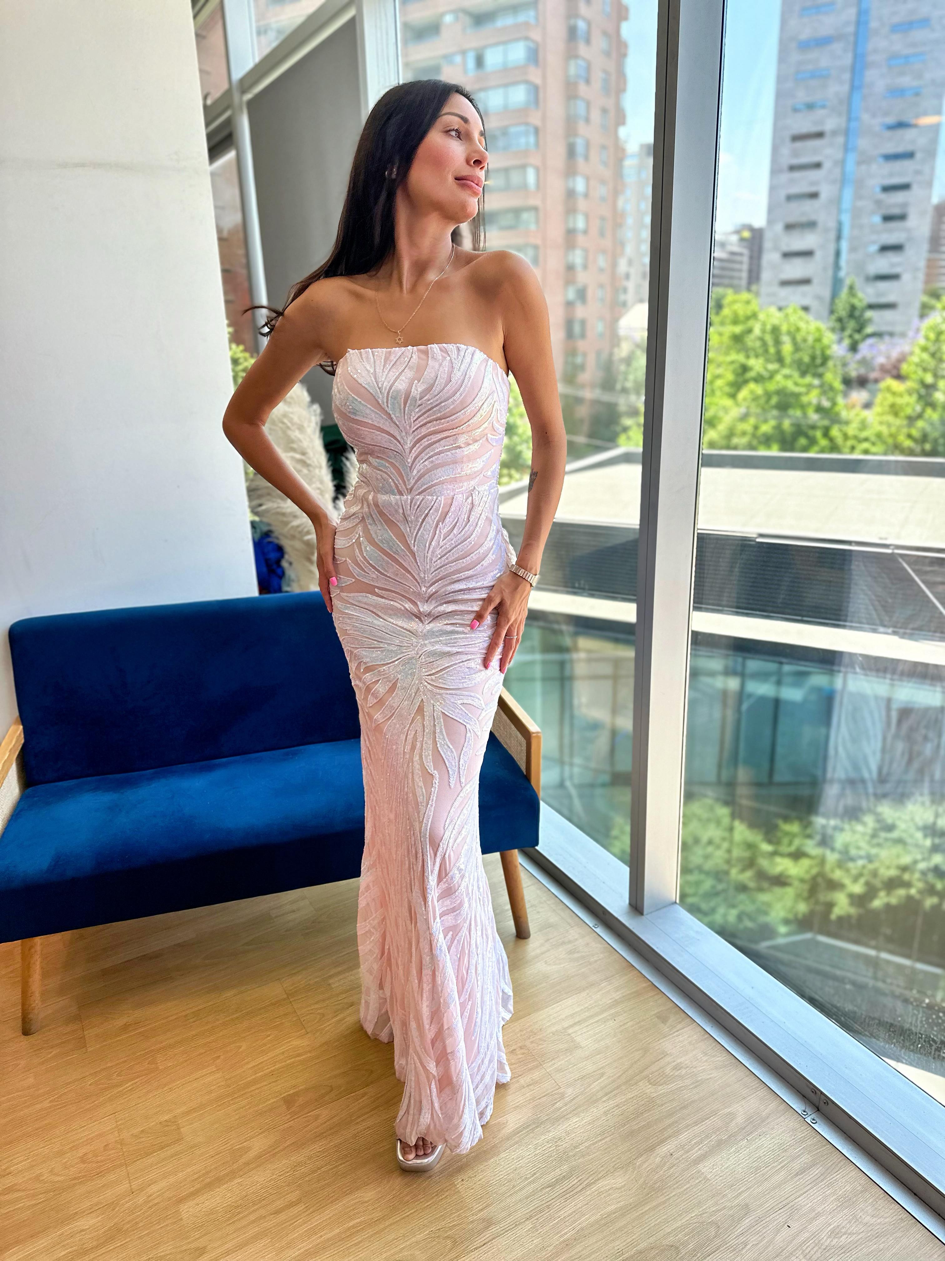Vestido Strapless Lentejuelas - Blanco con Rosa